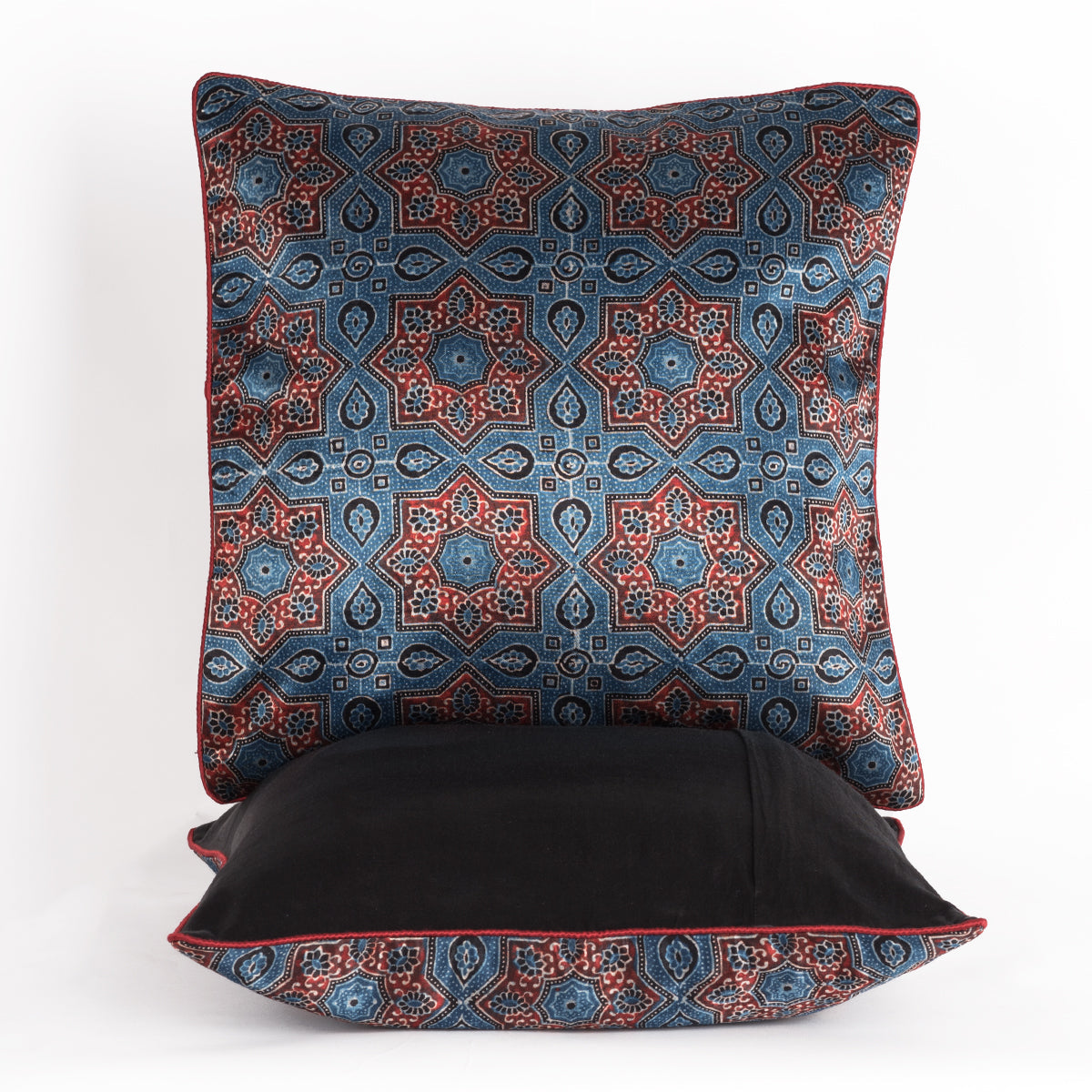 Star Flower Hand Block Print Mashru Silk Cushion Cover - Red Blue-1