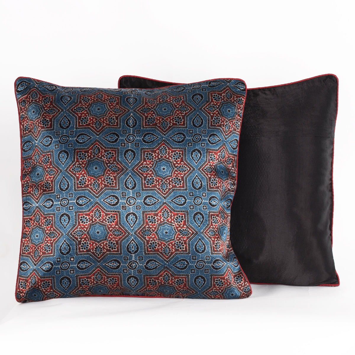 Star Flower Hand Block Print Mashru Silk Cushion Cover - Red Blue-2