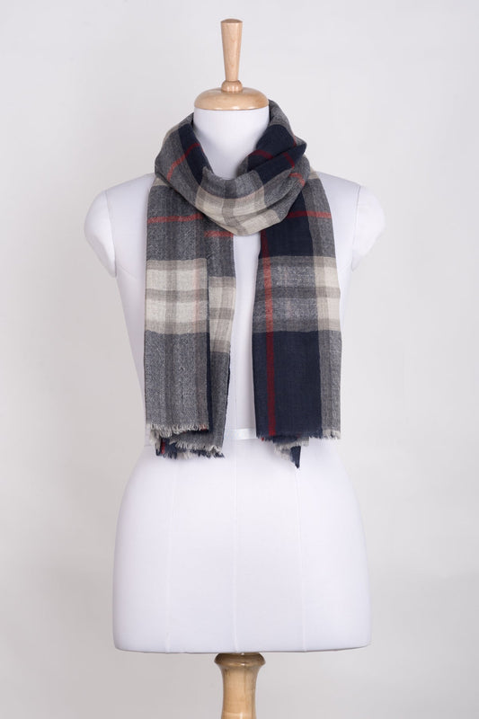 Checks with Small Diamond Weave Merino Wool Scarf - Navy Grey White-0