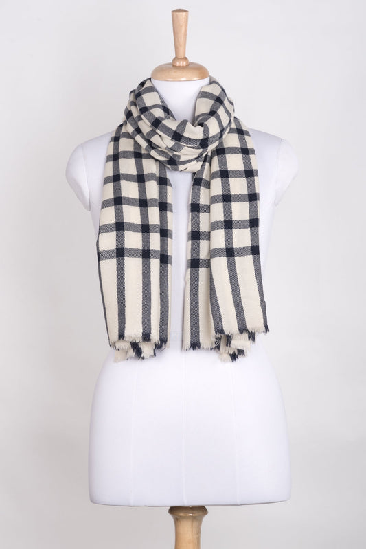 Windowpane Checks Merino Wool Scarf - Off-white Navy-0