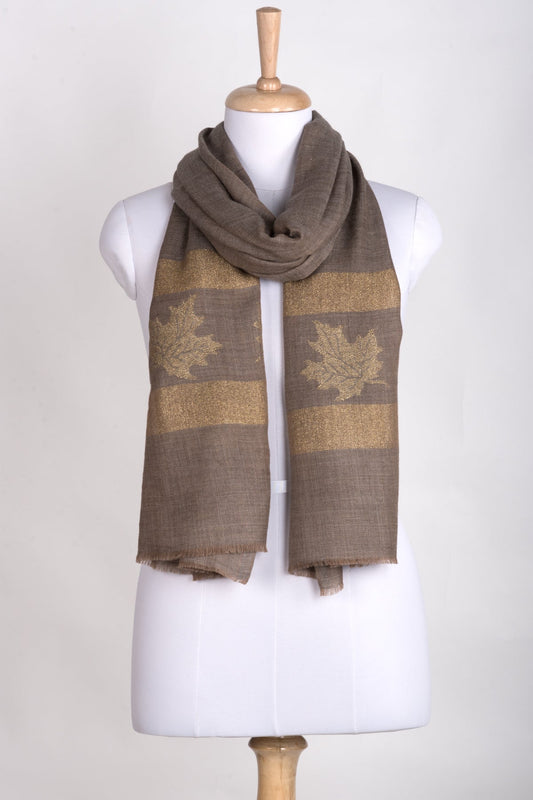 Gold Maple Leaf Border Cashmere Wool Scarf -  Beige-0