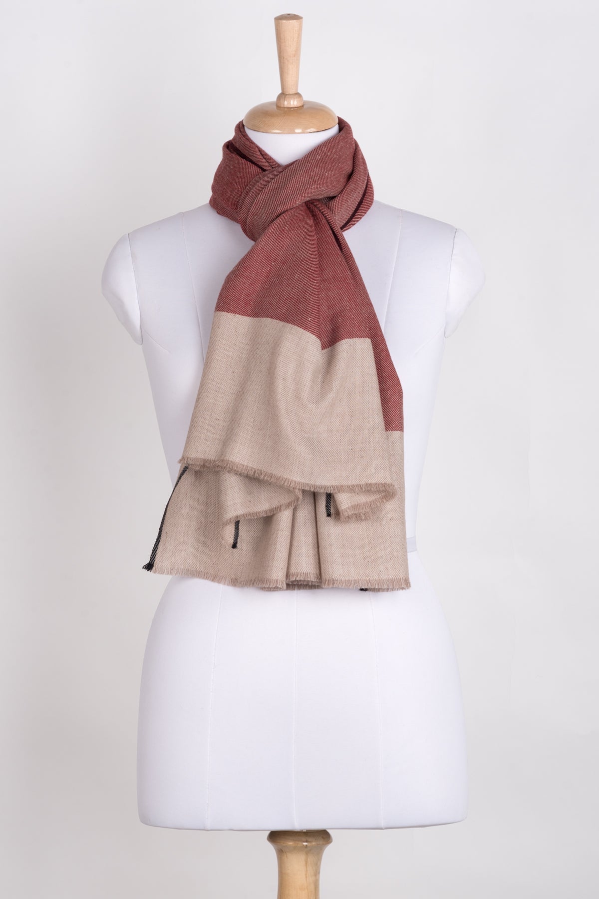 Twill Weave Two Tone Merino Wool Scarf - Red Beige-1