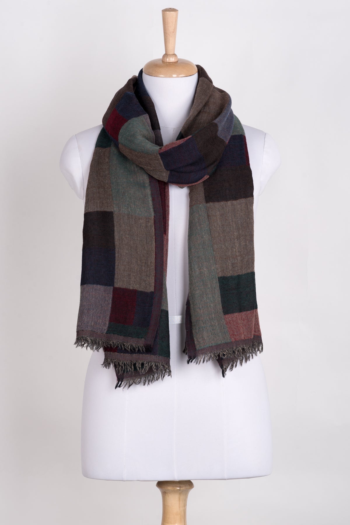 Mix Checks Jacquard Merino Wool Scarf - Red Blue Multi-0