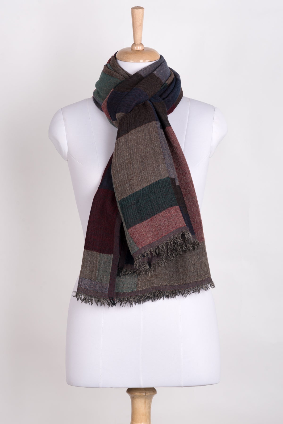 Mix Checks Jacquard Merino Wool Scarf - Red Blue Multi-1