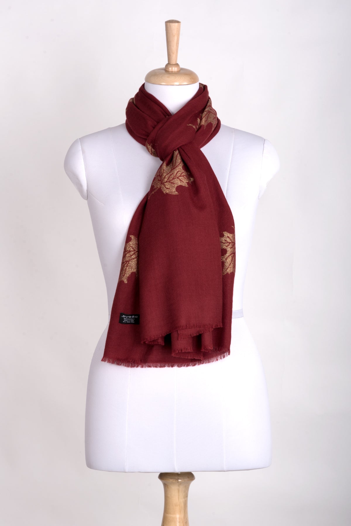 Gold Maple Leaf Cashmere Wool Scarf - Crimson-1