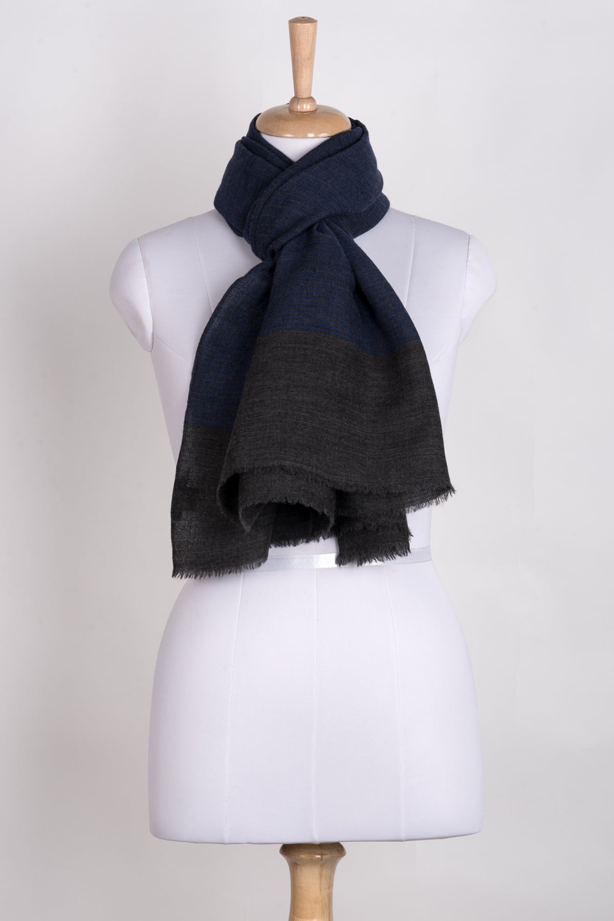 Pinstripes with Border Merino Wool Scarf - Blue Grey-1