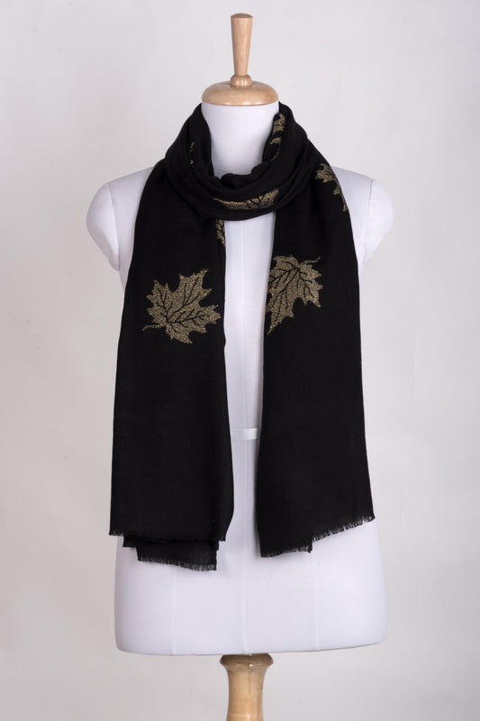 Gold Maple Leaf Cashmere Wool Scarf - Black-0