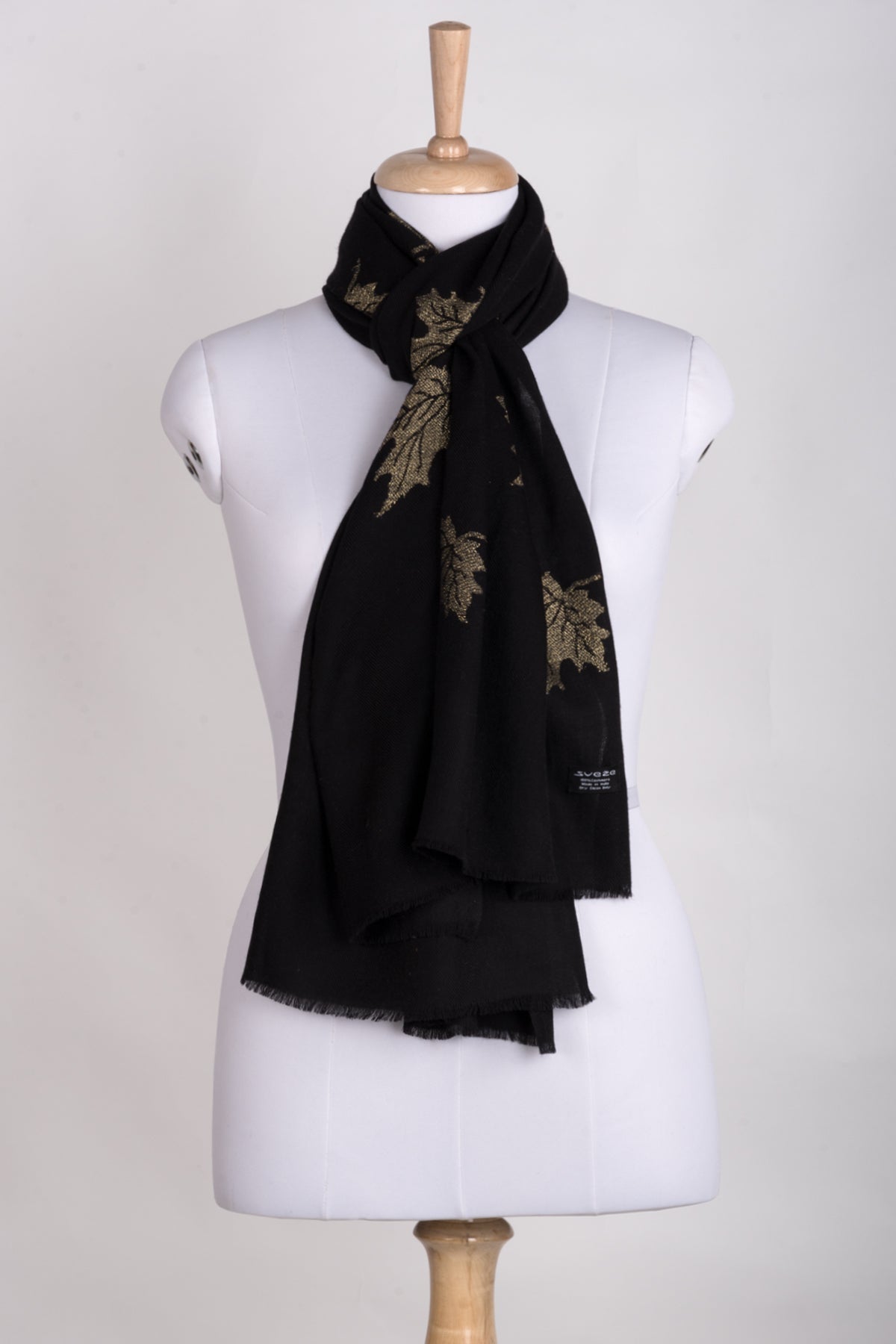 Gold Maple Leaf Cashmere Wool Scarf - Black-1